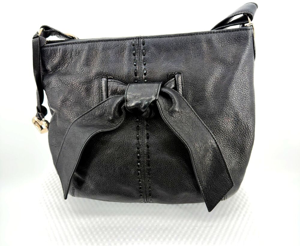 Brighton Black Pebbled Leather Bow Shoulder Bag Heart Charm Adjustable Strap